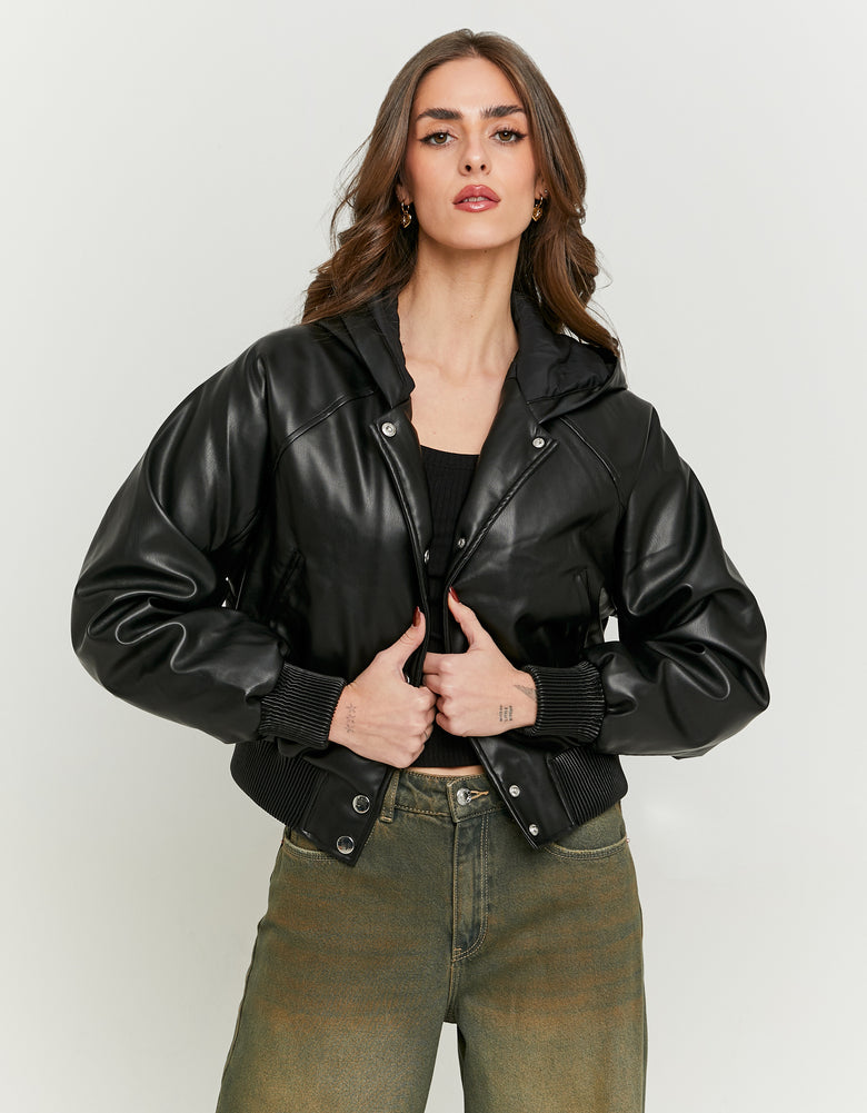 Faux Leather Bomber Jacket | Black