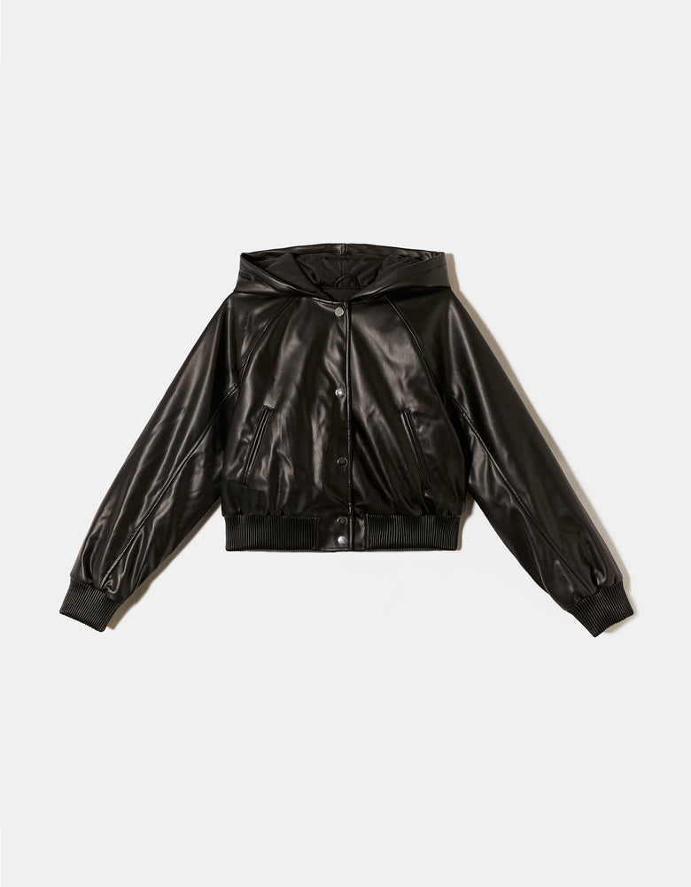 Faux Leather Bomber Jacket | Black
