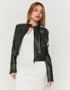 Faux Leather Biker Jacket | Black-White