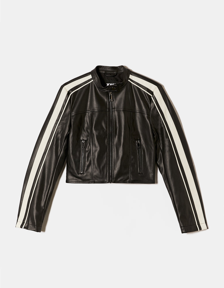 Faux Leather Biker Jacket | Black-White