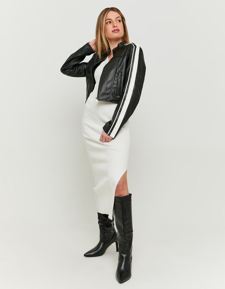 Faux Leather Biker Jacket | Black-White