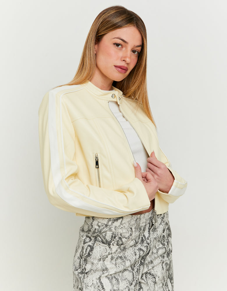 Faux Leather Biker Jacket | White-Yellow