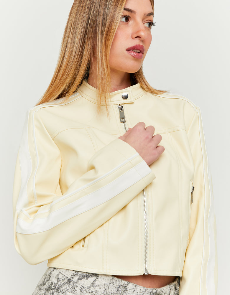 Faux Leather Biker Jacket | White-Yellow