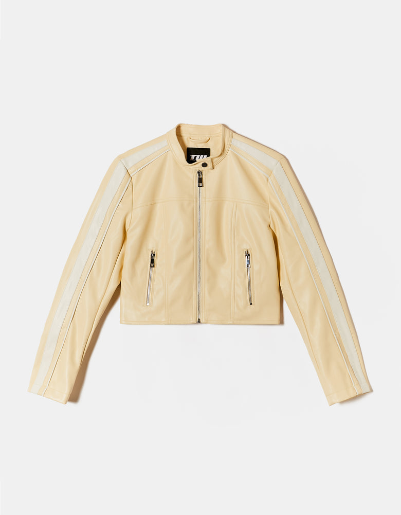 Faux Leather Biker Jacket | White-Yellow
