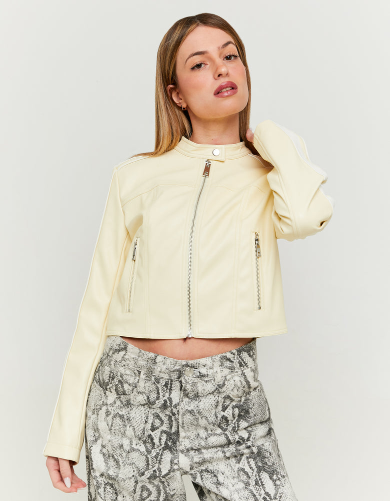 Faux Leather Biker Jacket | White-Yellow
