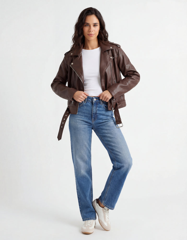 Faux Leather Biker Jacket | Brown