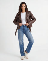 Faux Leather Biker Jacket | Brown