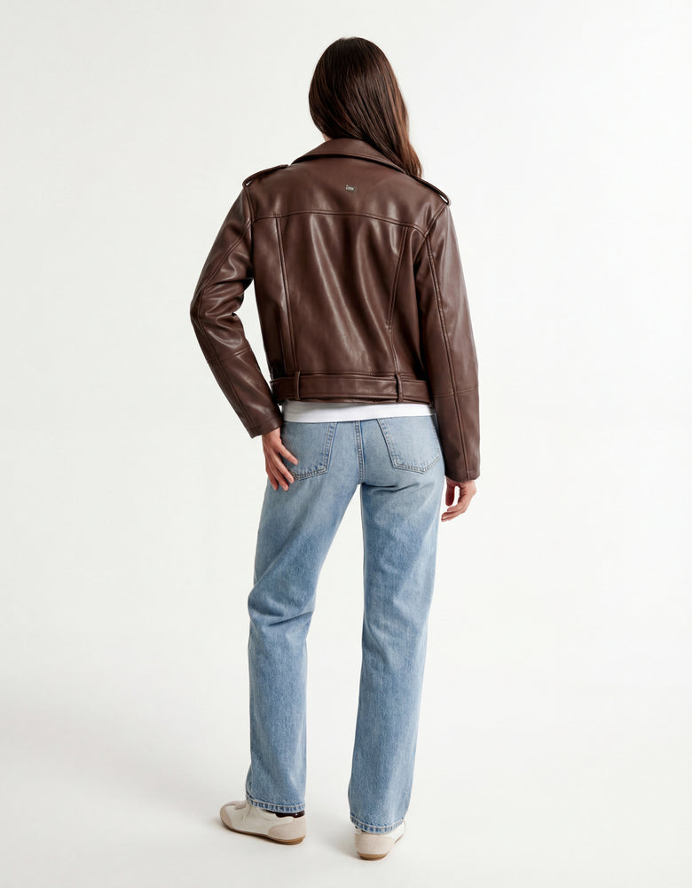 Faux Leather Biker Jacket | Brown