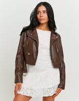 Faux Leather Biker Jacket | Brown