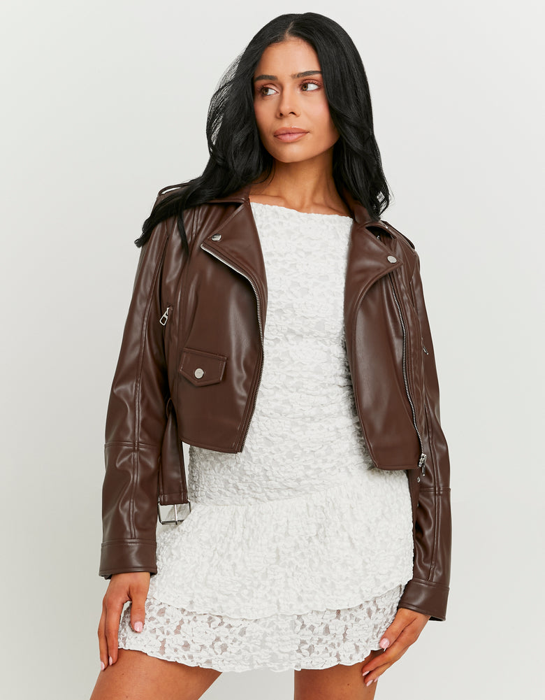 Faux Leather Biker Jacket | Brown
