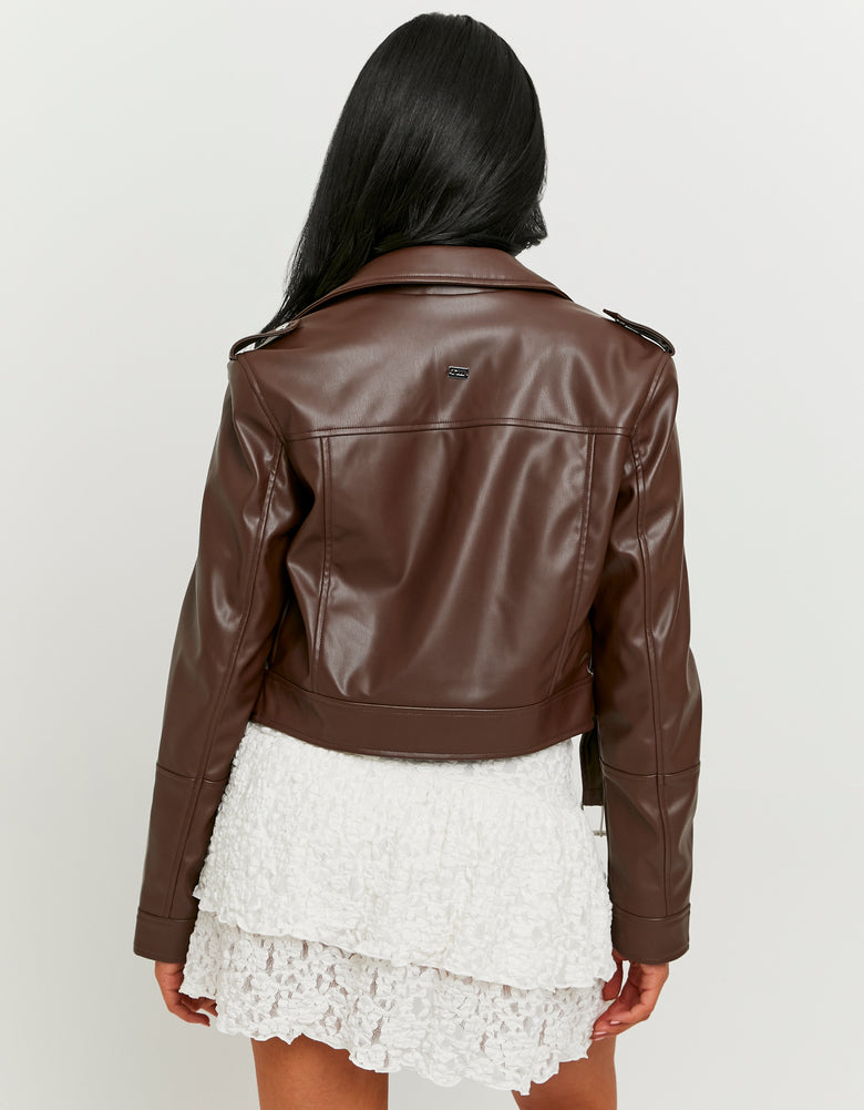 Faux Leather Biker Jacket | Brown