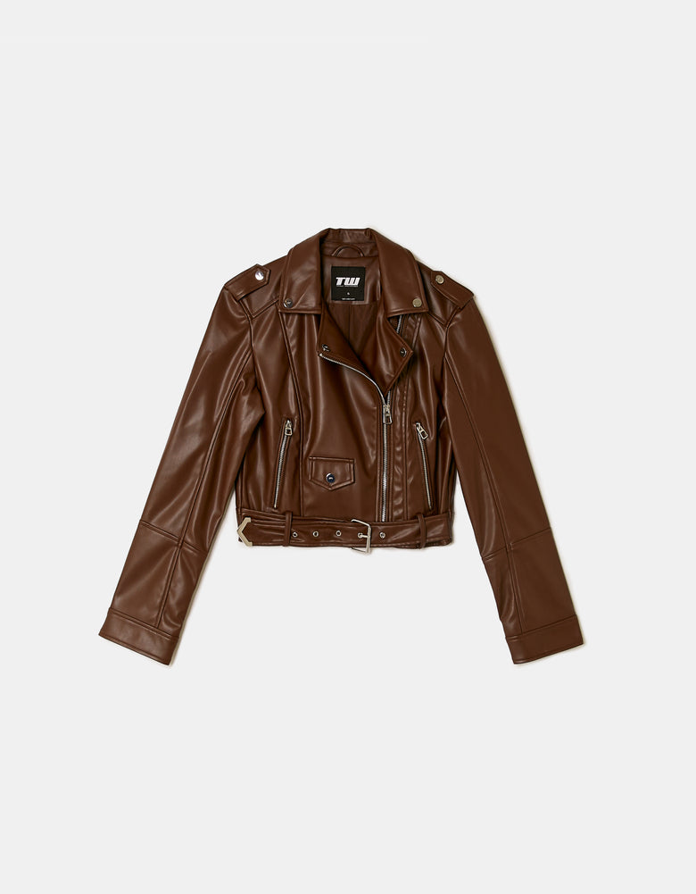 Faux Leather Biker Jacket | Brown