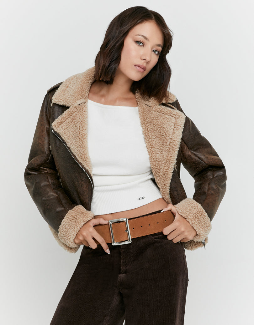 Faux Leather Aviator Jacket | Brown