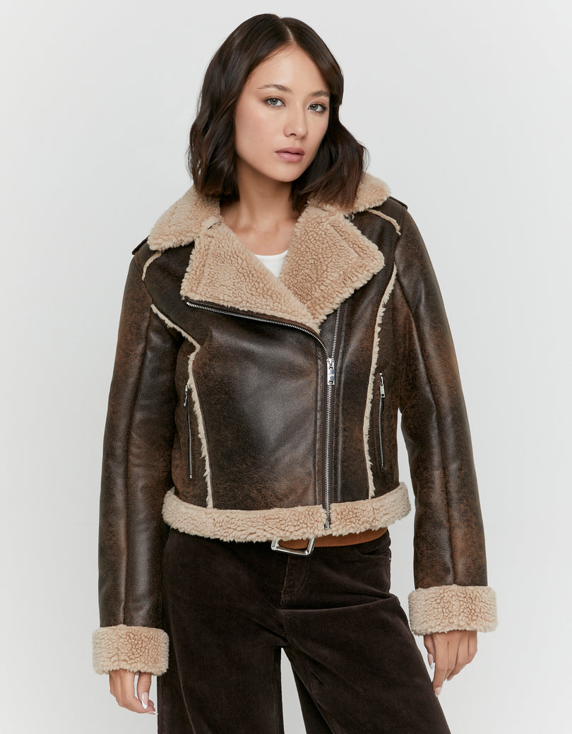 Faux Leather Aviator Jacket | Brown
