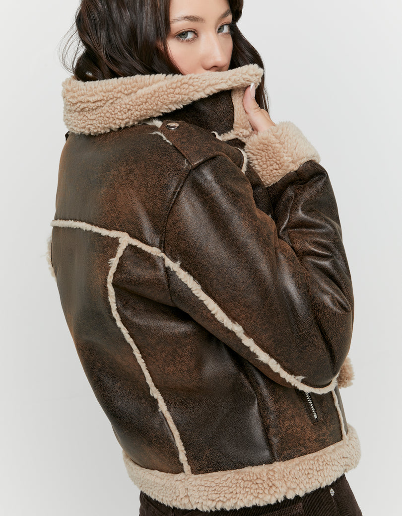 Faux Leather Aviator Jacket | Brown