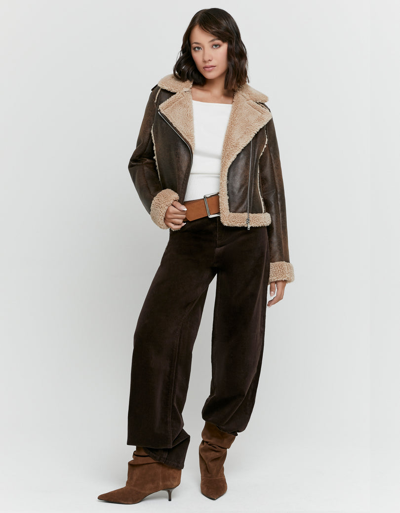 Faux Leather Aviator Jacket | Brown