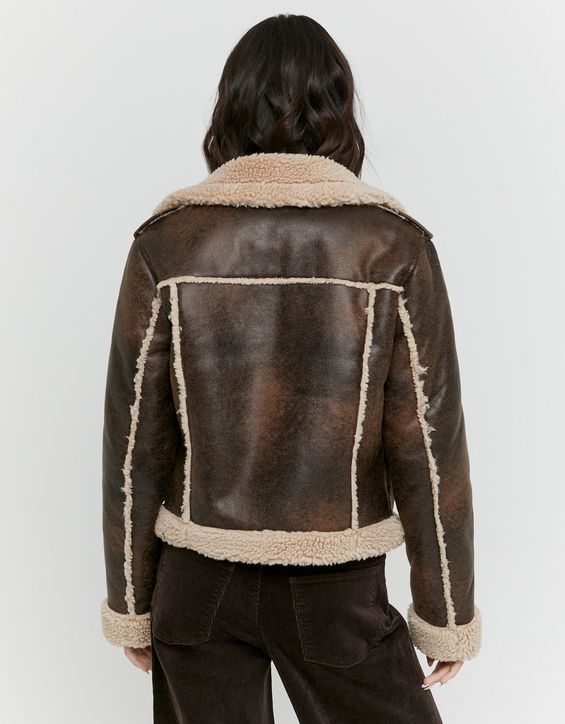 Faux Leather Aviator Jacket | Brown