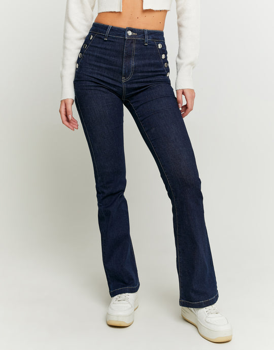 High Waist Jeans with Side Buttons | Dark Blue Wash