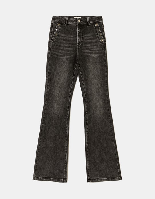 High Waist Jeans with Side Buttons | Grey Wash