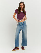 Mid Waist Barrel Jeans | Destroyed Wash
