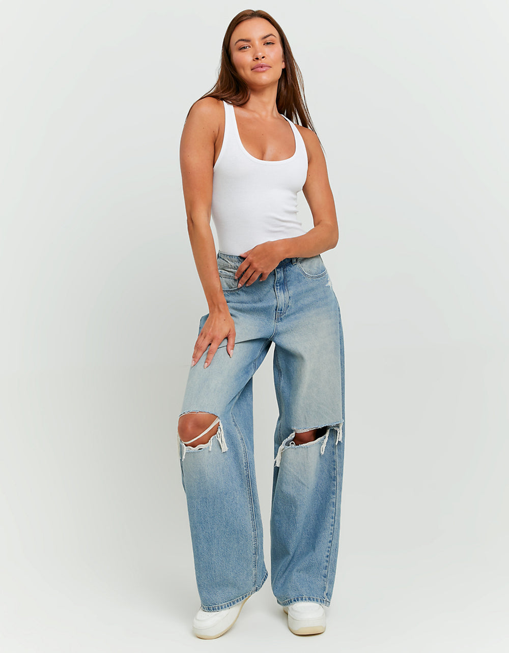 Mid Waist Baggy Jeans Destroyed | Blue Wash