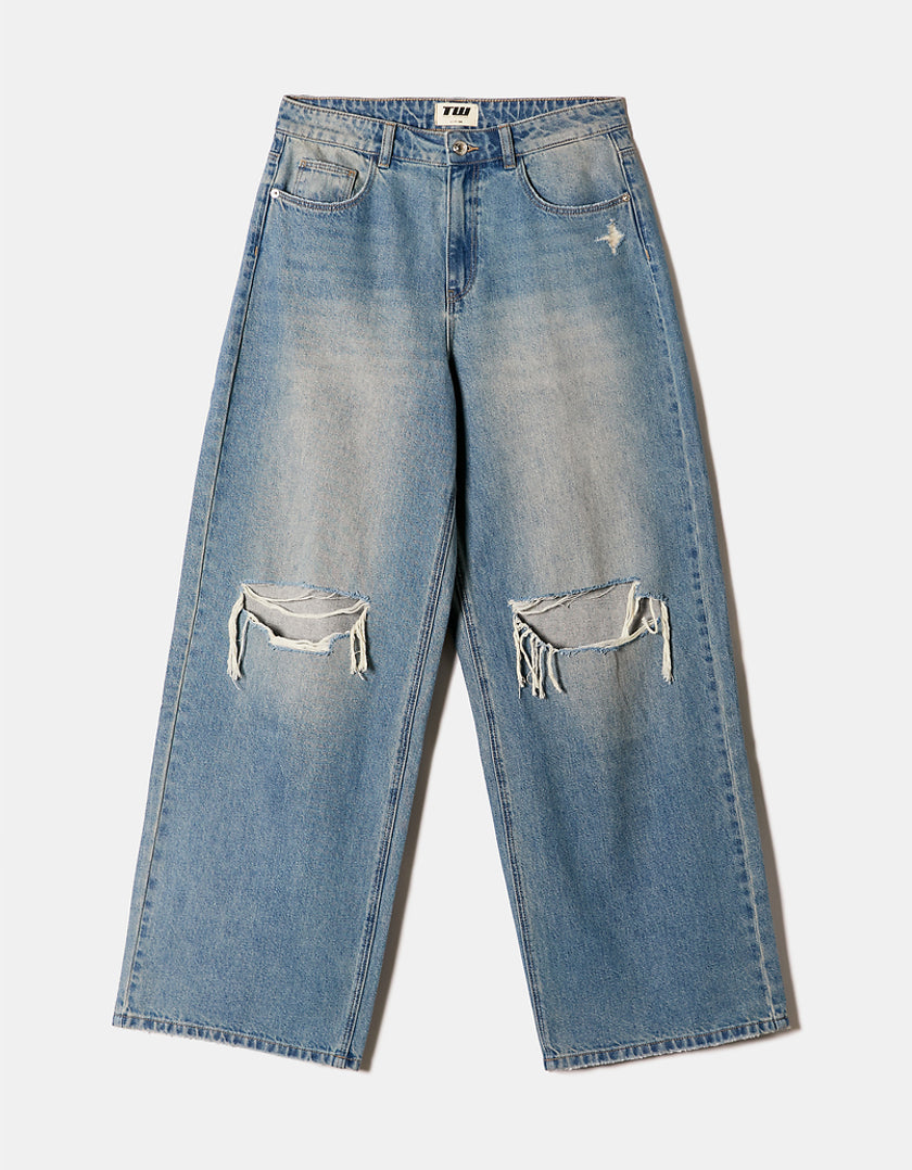 Mid Waist Baggy Jeans Destroyed | Blue Wash
