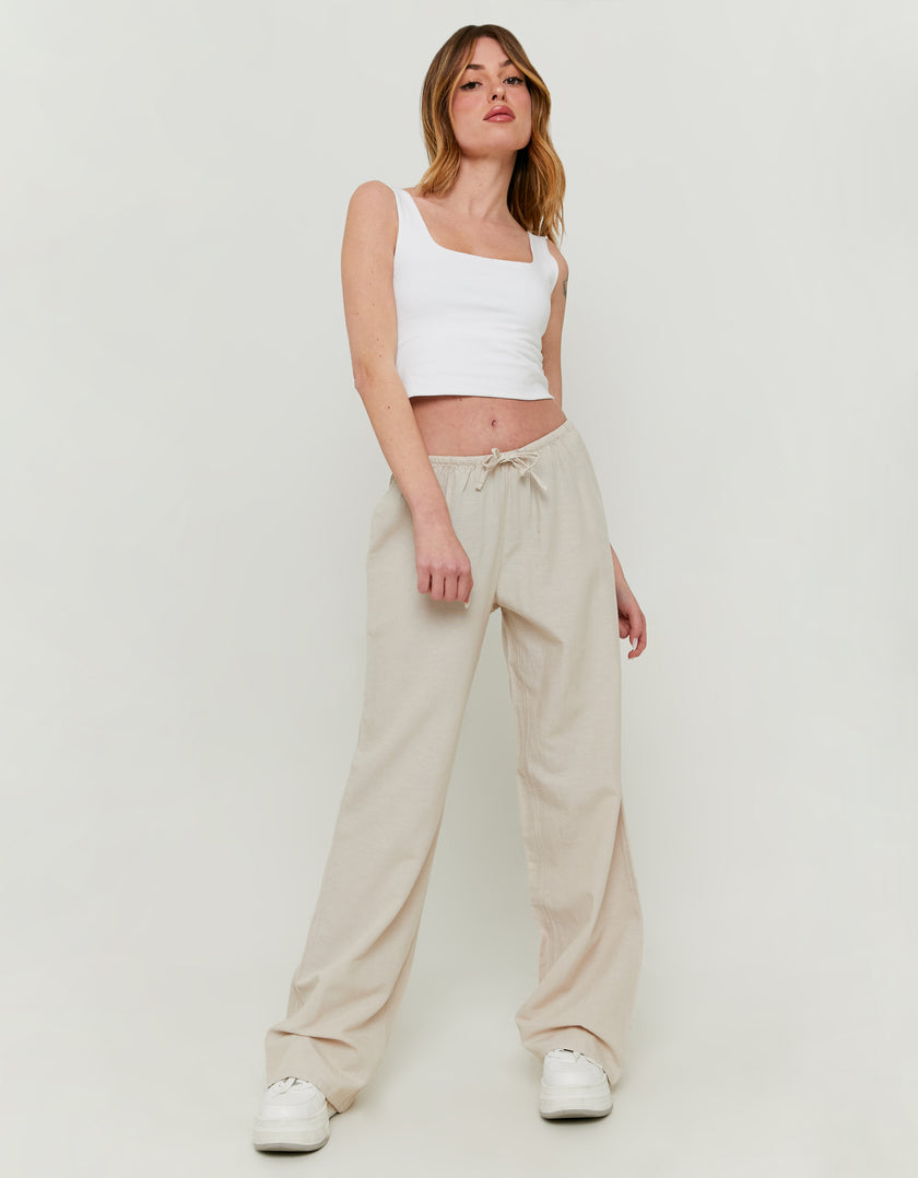 Wide Leg Linen Trousers | Beige