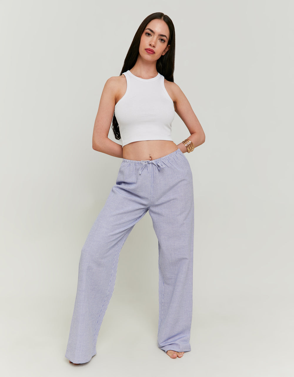 Wide Leg Linen Trousers | Blue Striped