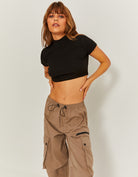 High Waist Cargo Parachute Trousers | Beige