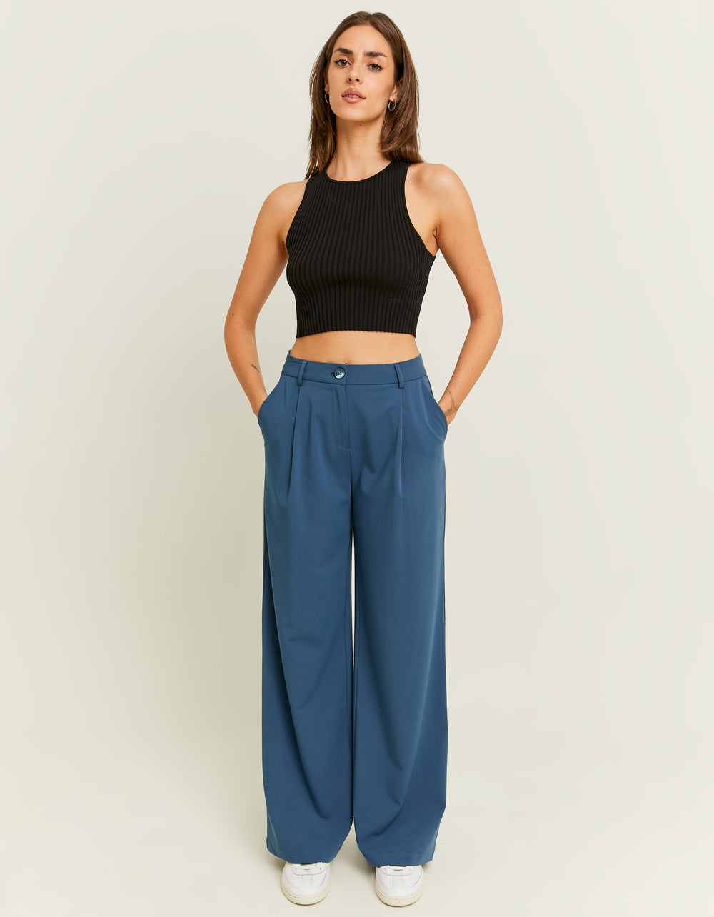 Mid Waist Wide Leg Trousers | Blue
