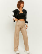 High Waist Wide Leg Fake Leather Trousers | Taupe