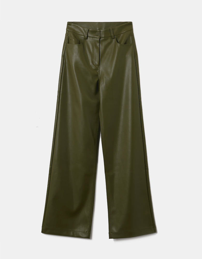 High Waist Wide Leg Fake Leather Trousers | Leaf