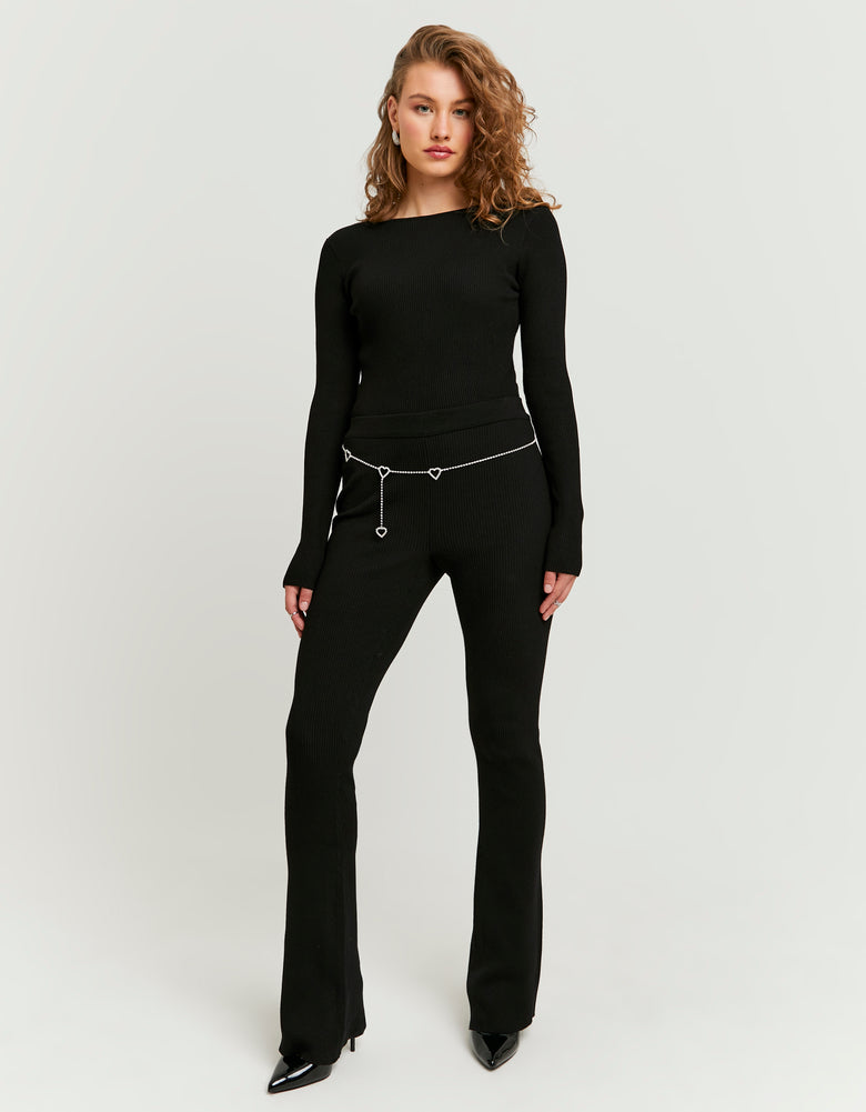 Knitted Flare Trousers With Belt | Black