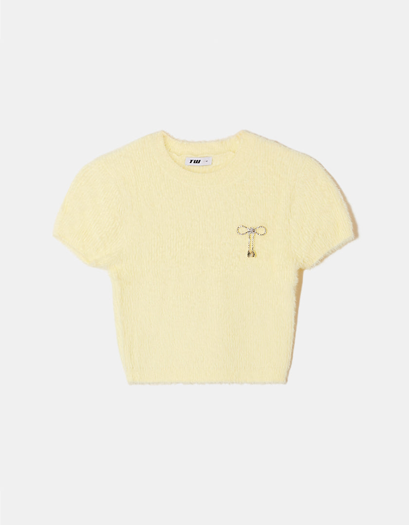 Fluffy Jumper Short Sleeves with Strass Bow | Light Yellow