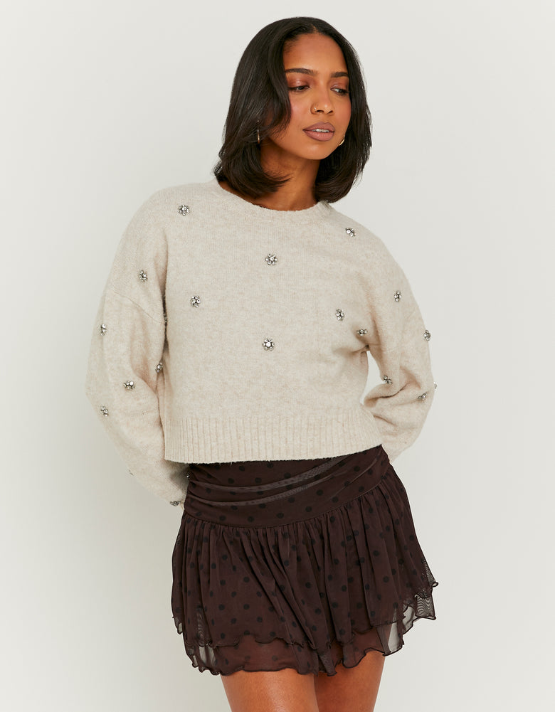 Jumper with Rhinestones | Beige Chine