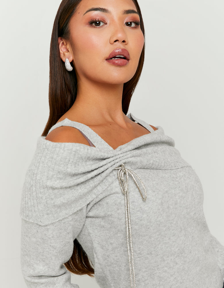 Off Shoulders Jumper with Strass | Grey