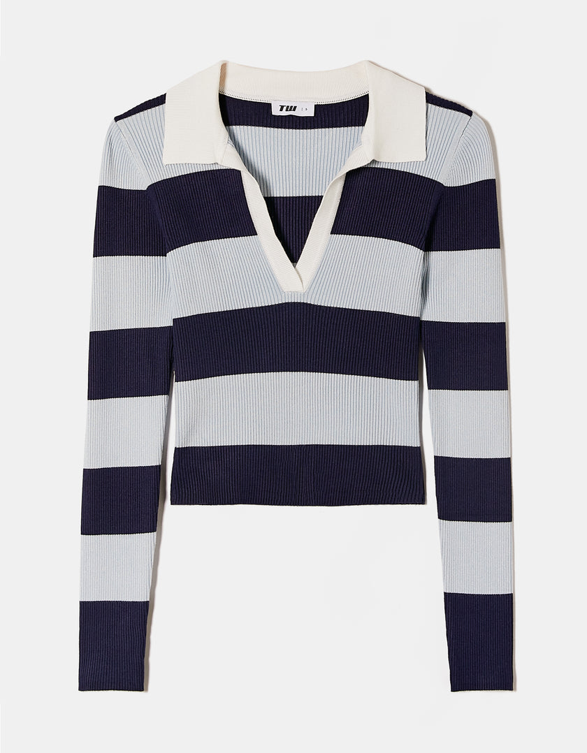 Fitted Jumper with Polo Neck | Navy striped