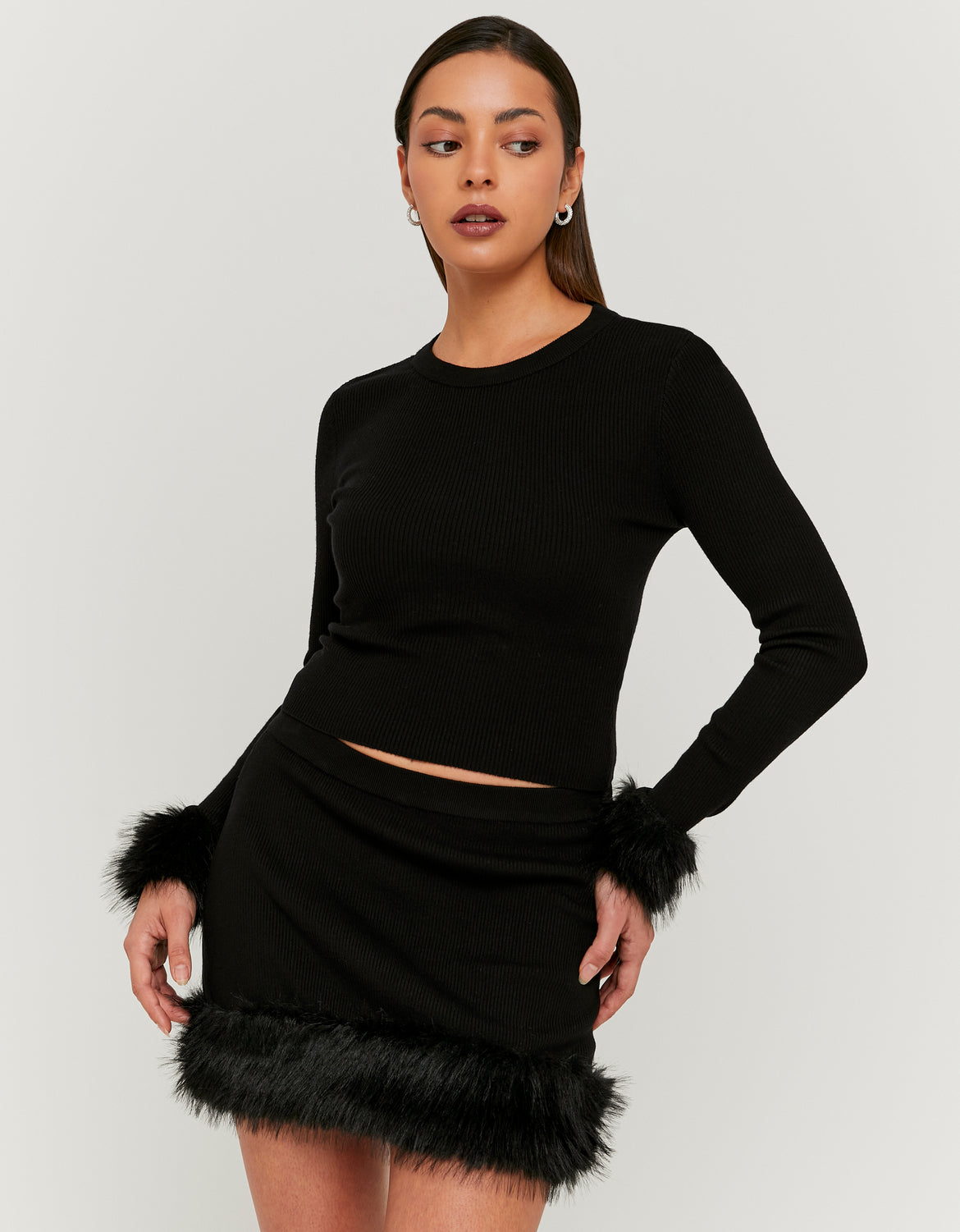 Knit Jumper with Faux Fur Details | Black