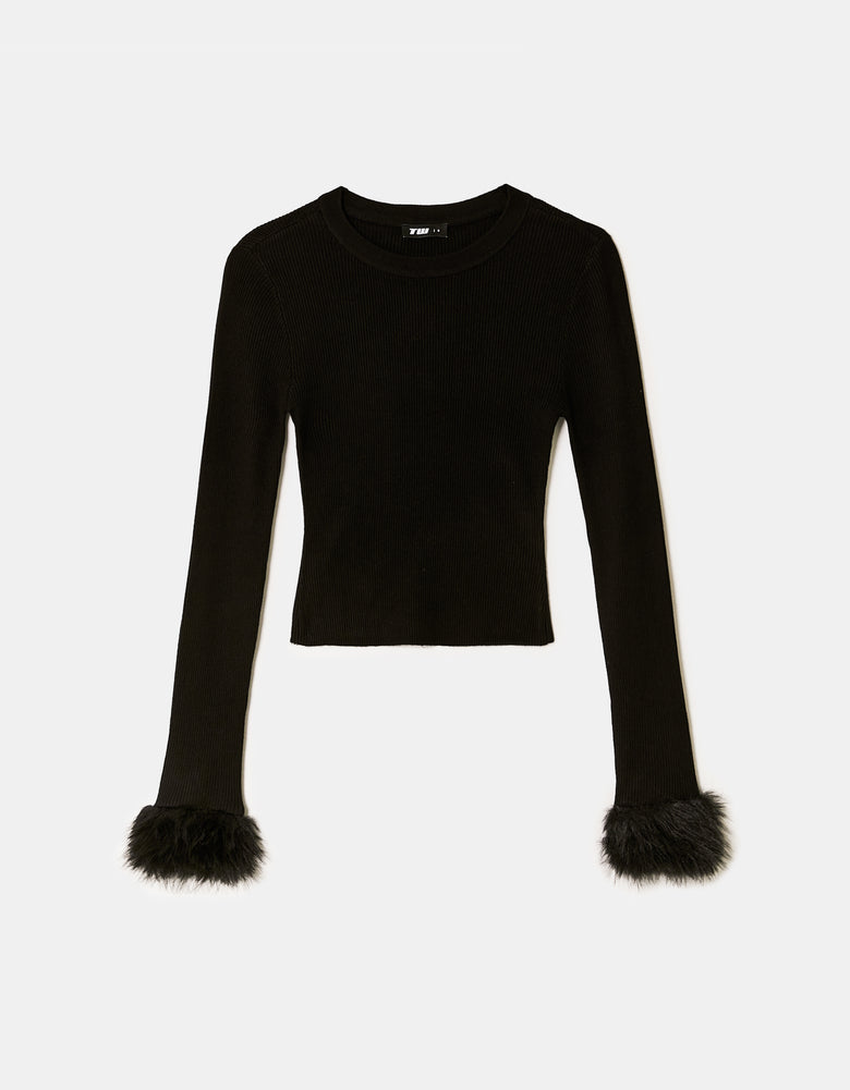 Knit Jumper with Faux Fur Details | Black