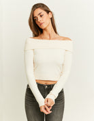 Fitted Knit Jumper with Off?Shoulder Fold | Cream