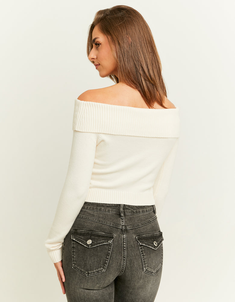 Fitted Knit Jumper with Off?Shoulder Fold | Cream