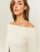 Fitted Knit Jumper with Off?Shoulder Fold | Cream