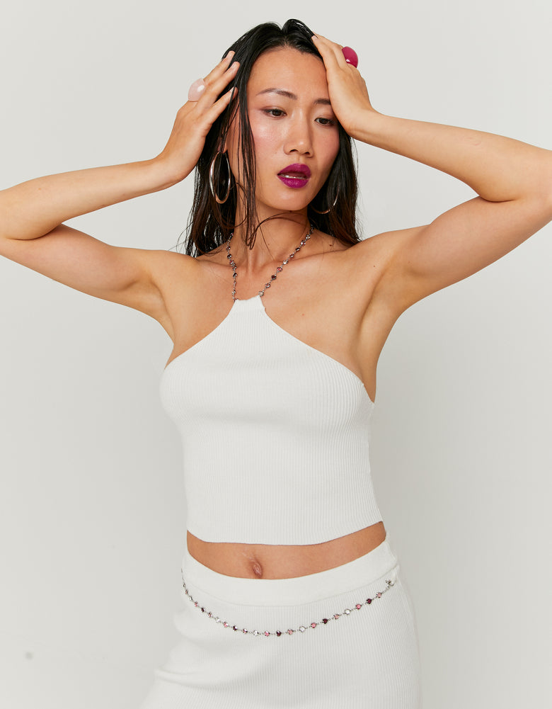 Knitted Top Openback with Rhinestones Necklace | Off White