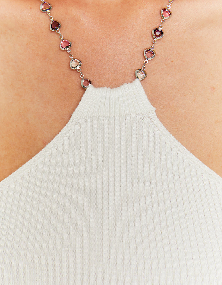 Knitted Top Openback with Rhinestones Necklace | Off White