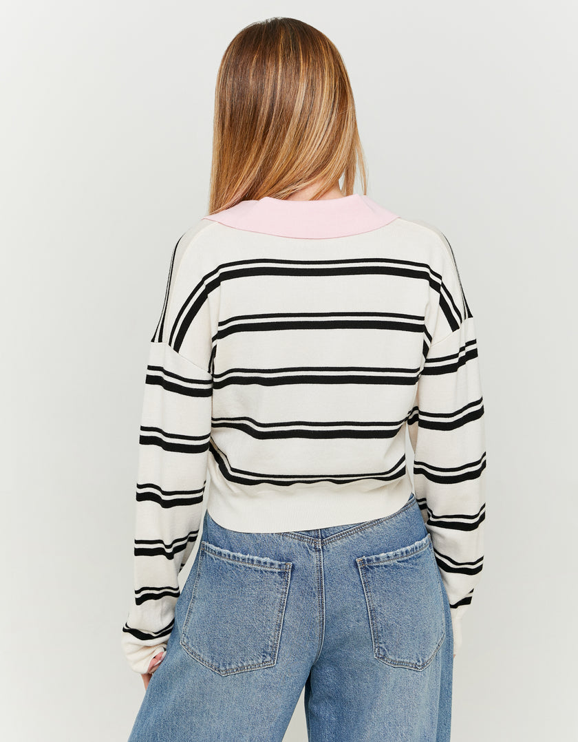 Cropped Jumper with Polo Neck | Off White - Striped