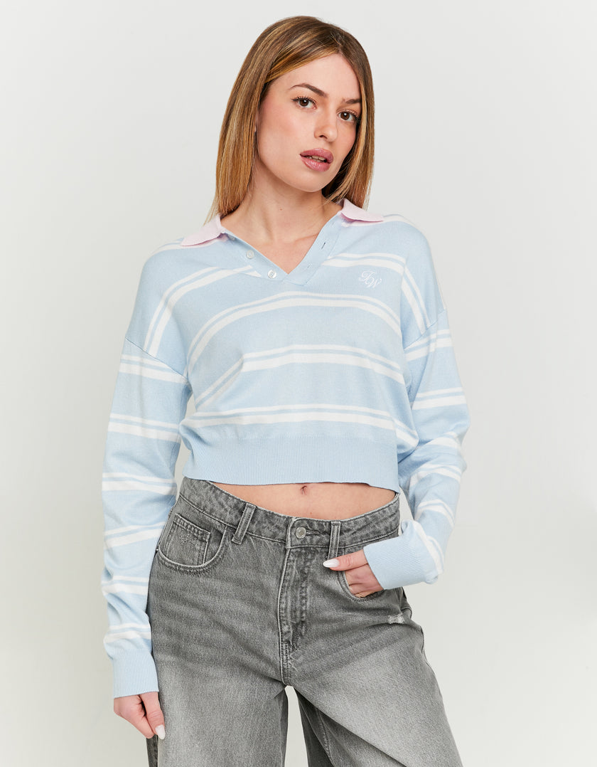 Cropped Jumper with Polo Neck | Blue Striped