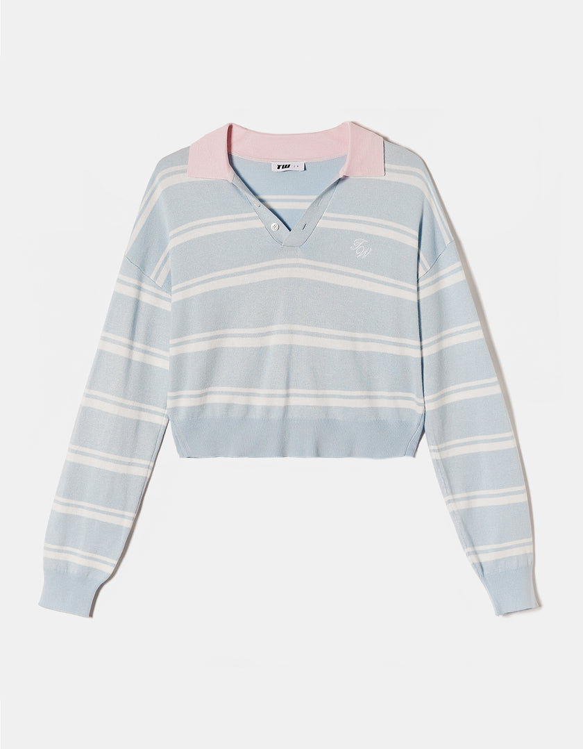 Cropped Jumper with Polo Neck | Blue Striped