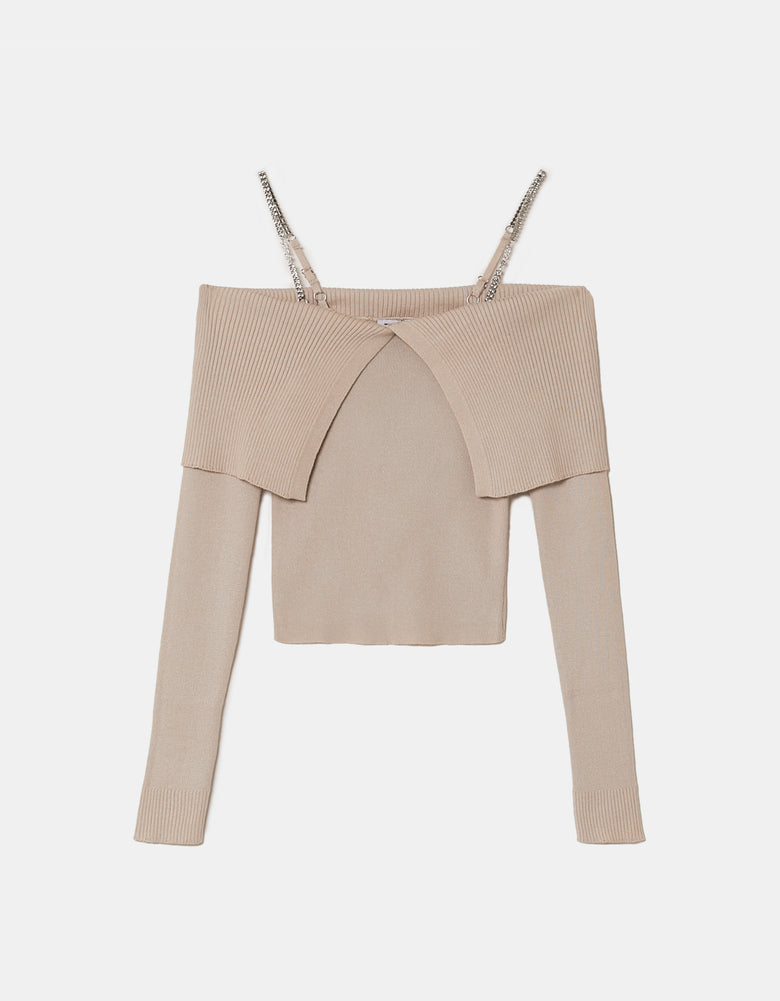 Knitted Jumper With Strass | Beige