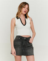 Knitted Sleeveless Polo Top | Off White - Black