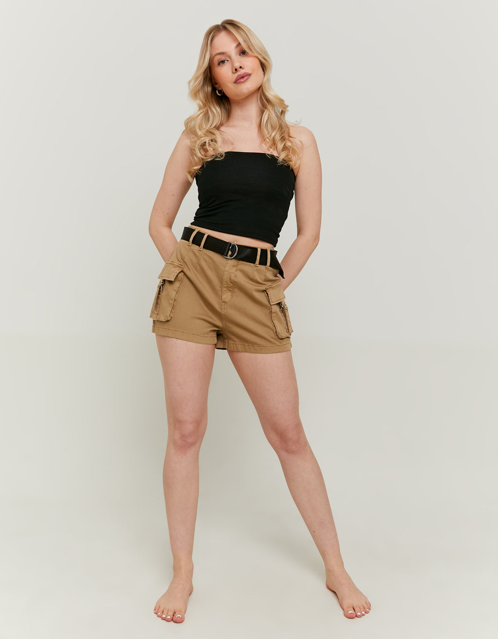 High Waist Belted Cargo Shorts | Beige
